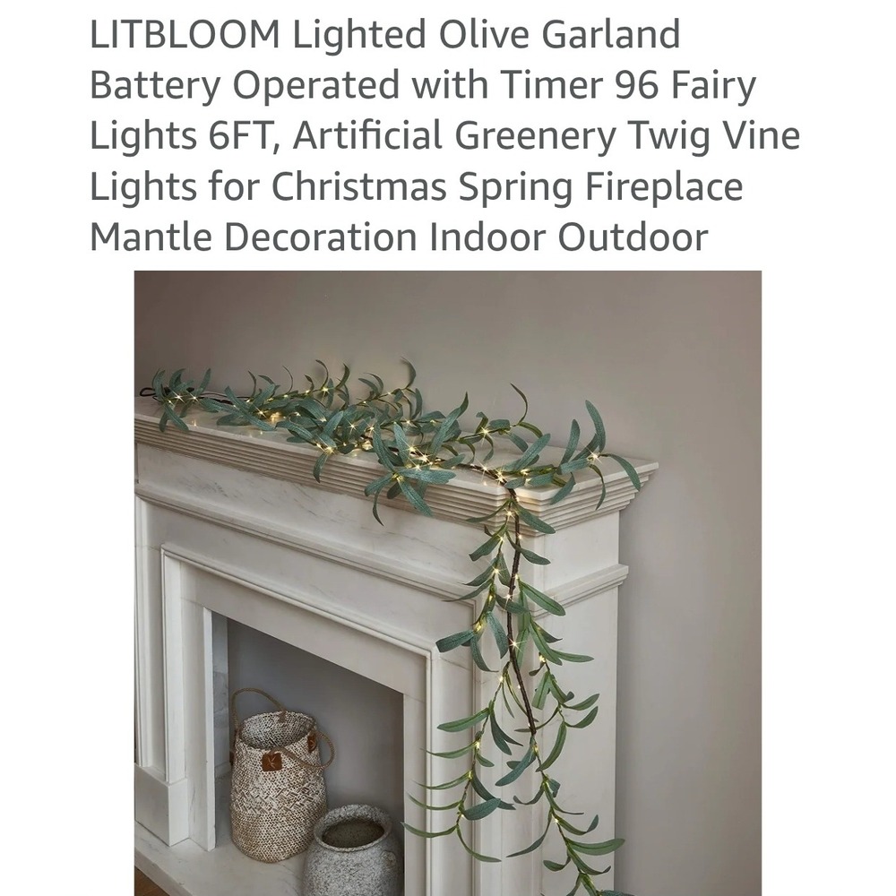 LITBLOOM Lighted Olive Garland 6FT 96 LED Battery Operated Timer Fairy Lights